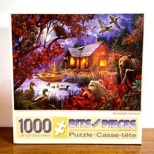 Bits and Pieces Puzzle 1000 Pieces Jigsaw Moonlight Serentiy Cabin Woods Pond